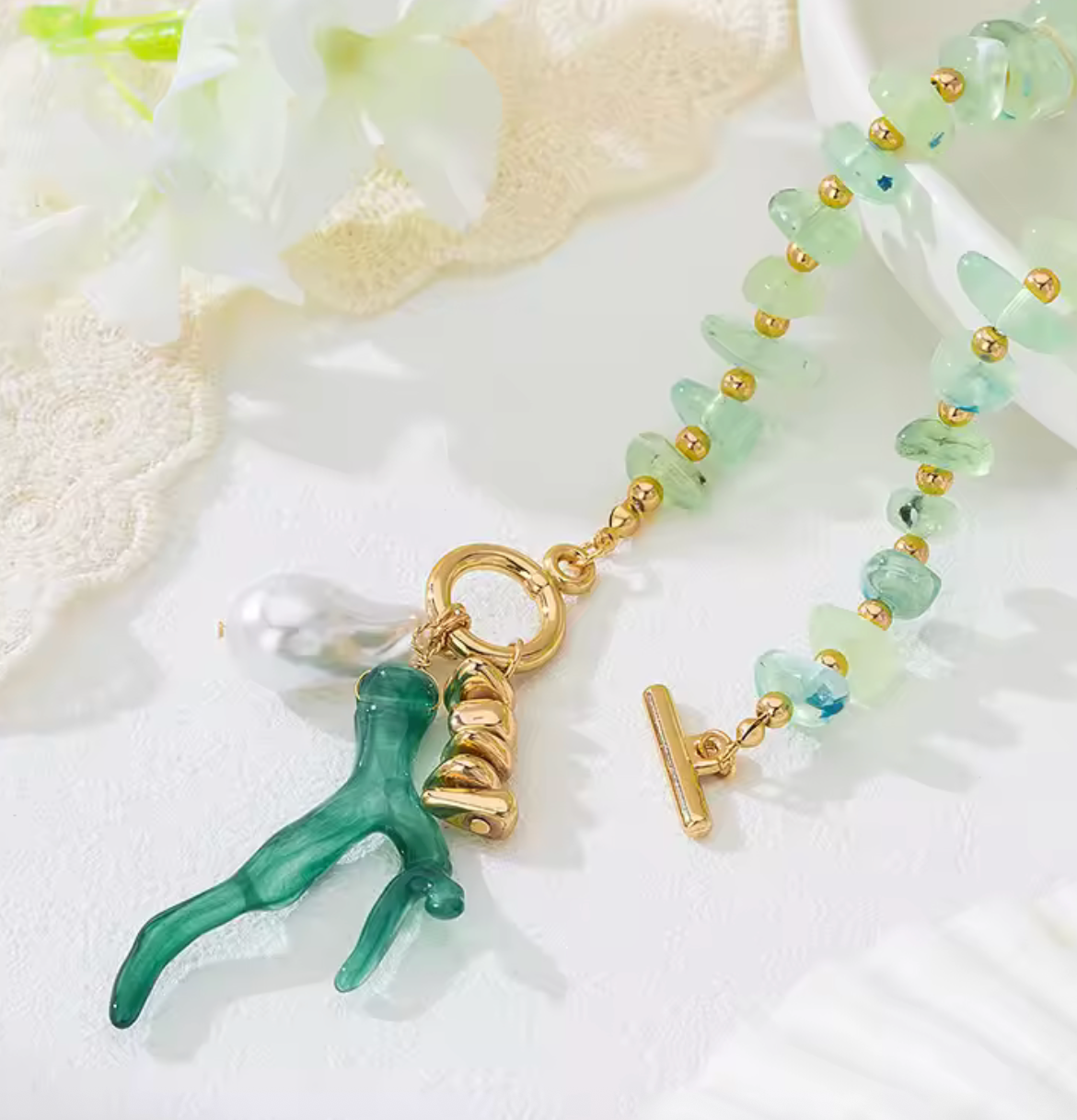 Baroque Pearl & Natural Stone Hand-Woven Shell Necklace