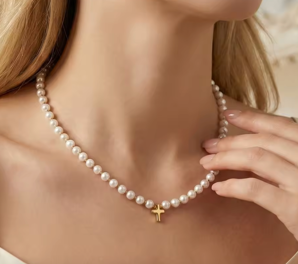 18K Gold Stainless Steel Pearl Bead Ball Chain Choker Necklace