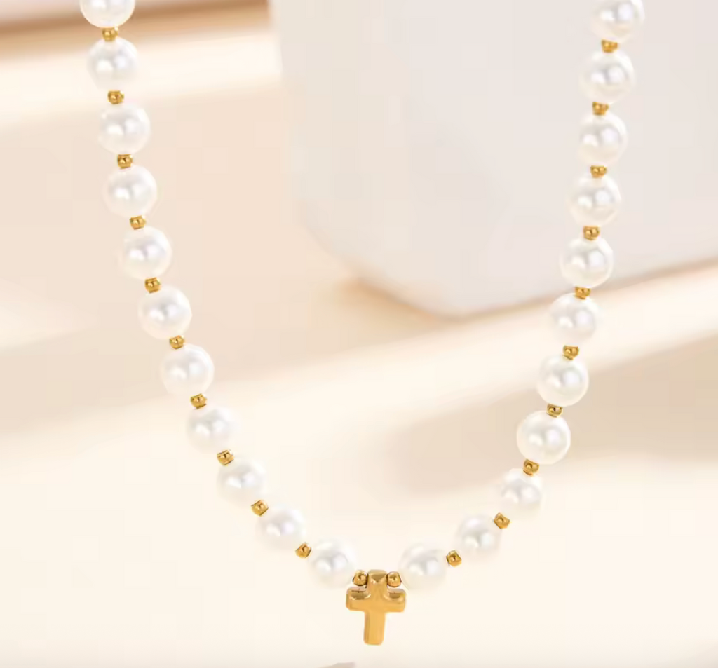 18K Gold Stainless Steel Pearl Bead Ball Chain Choker Necklace