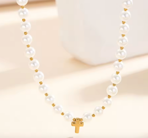 18K Gold Stainless Steel Pearl Bead Ball Chain Choker Necklace