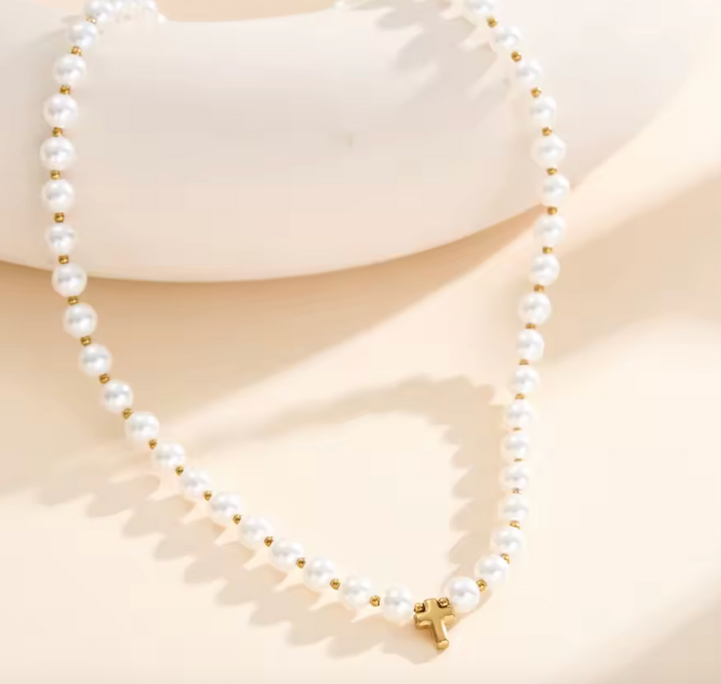 18K Gold Stainless Steel Pearl Bead Ball Chain Choker Necklace