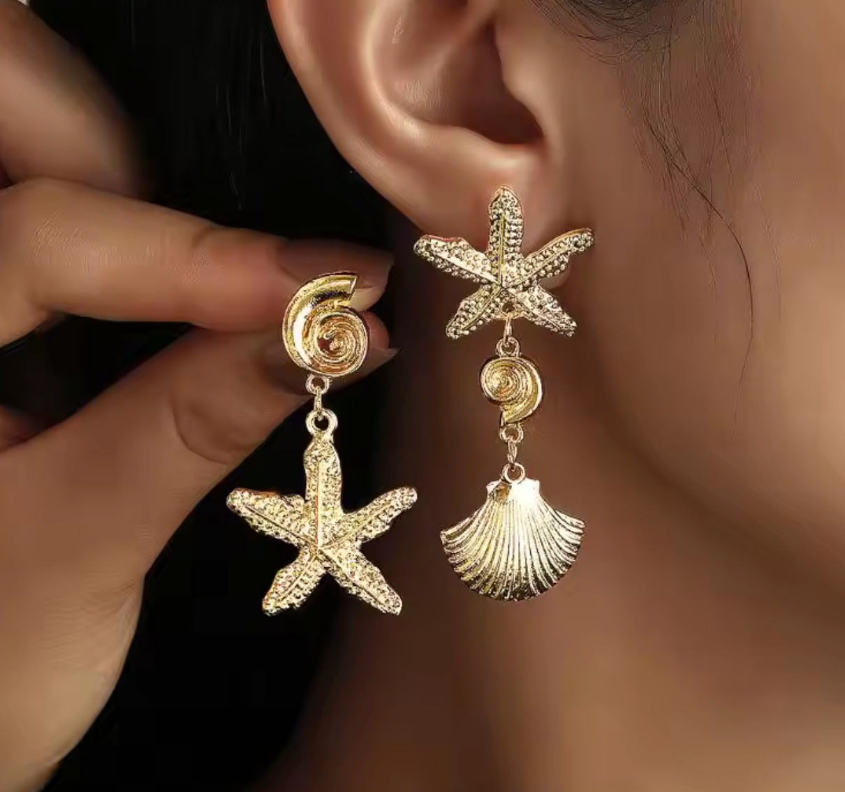 Summer Beach Pearl Conch Shell & Starfish Earrings