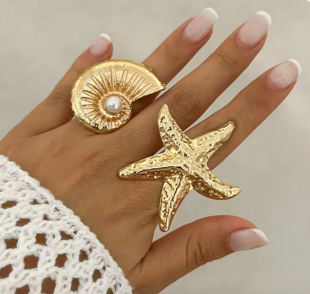 Vintage Metal Starfish & Conch Adjustable Rings