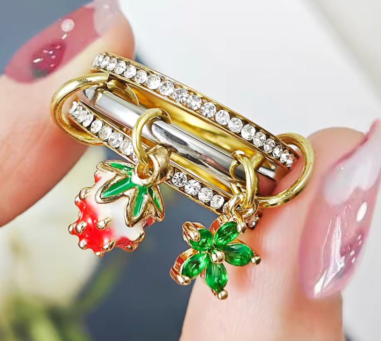 Sweet Strawberry Flower Charm Ring Set