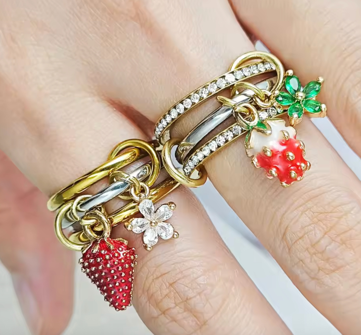 Sweet Strawberry Flower Charm Ring Set