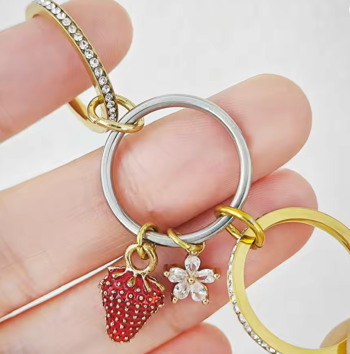 Sweet Strawberry Flower Charm Ring Set