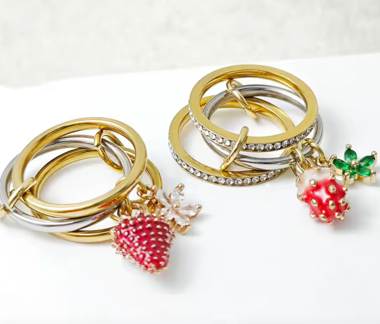 Sweet Strawberry Flower Charm Ring Set