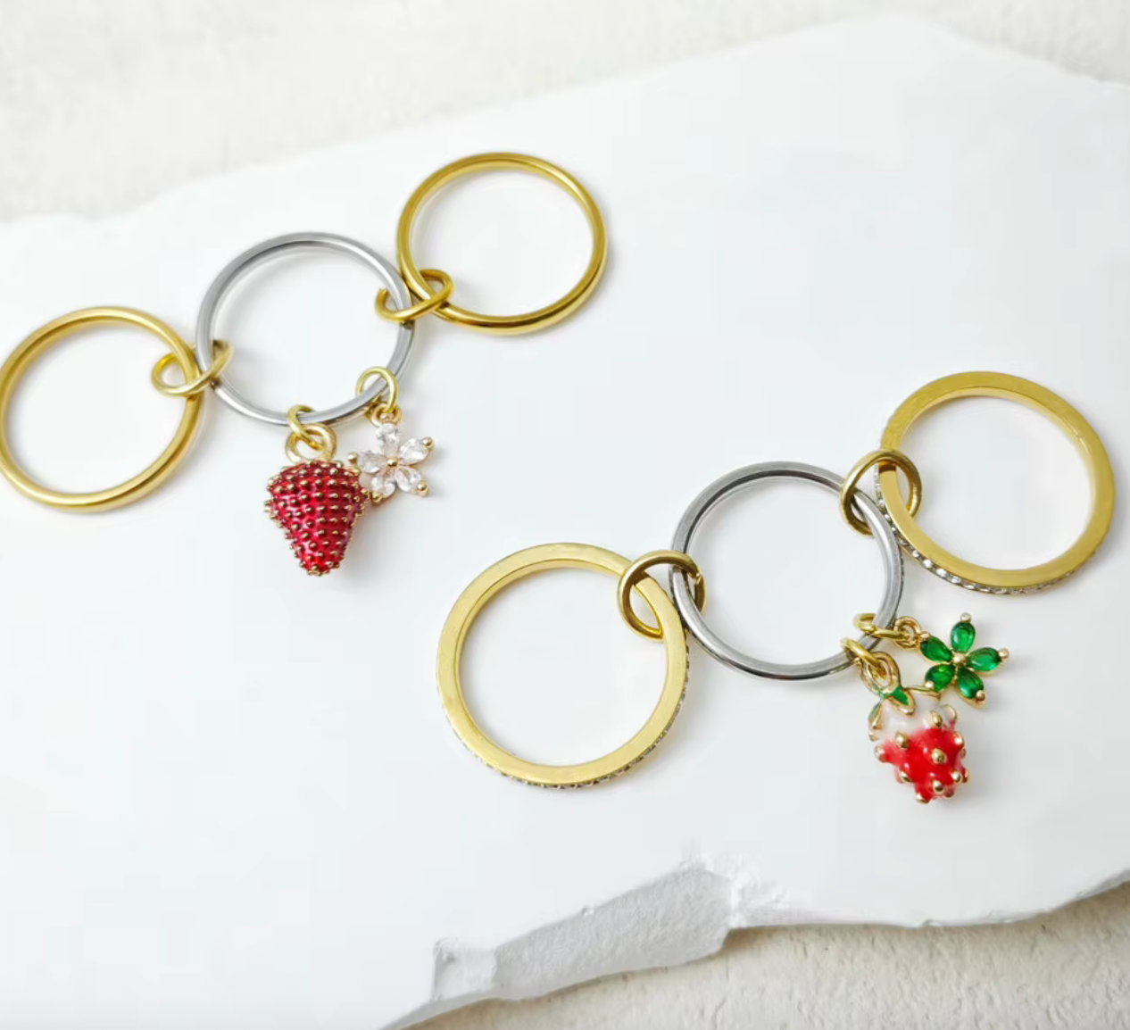 Sweet Strawberry Flower Charm Ring Set